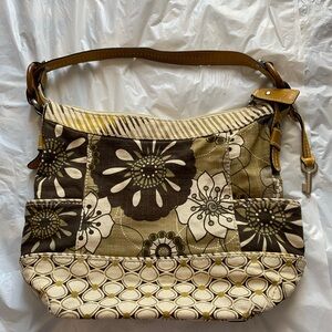 Fossil Hobo Shoulder Bag Yellow Floral Canvas Purse Boho Key Handbag